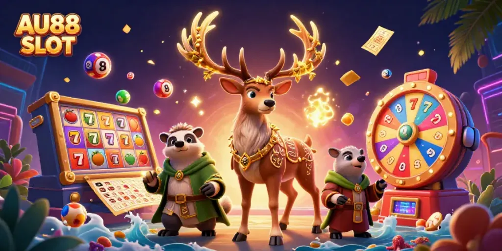 Engage in thrilling gameplay with AU88 SLOT featuring vibrant slot reels and magical characters