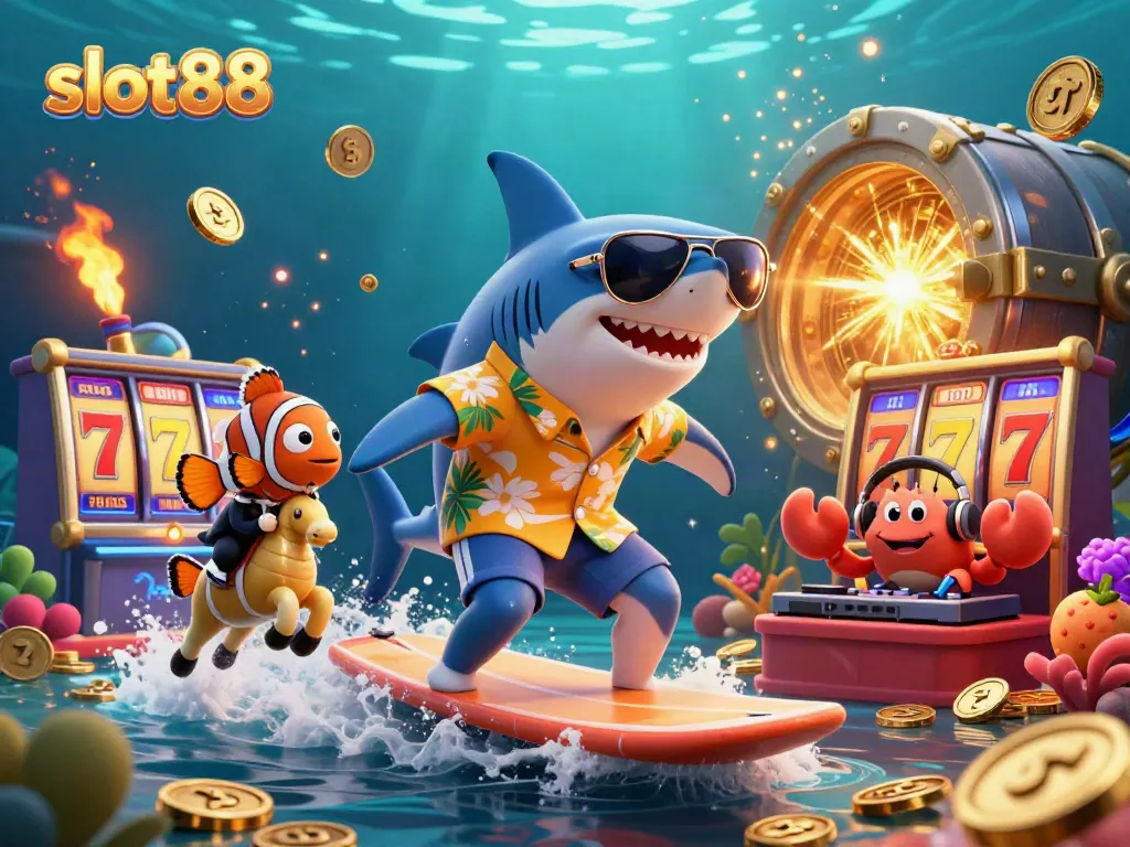 Engage in thrilling action with slot88, featuring a shark surfing on gold coins amidst vibrant casino elements.