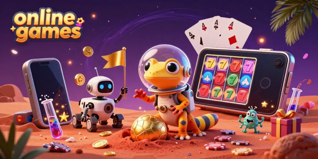 Experience thrilling online games with a Martian gecko discovering a golden casino on Mars.
