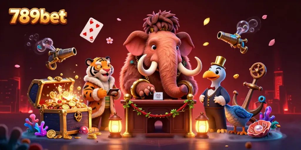 Join the adventure with 789bet as a woolly mammoth bouncer and VIP tiger at a lively casino scene.