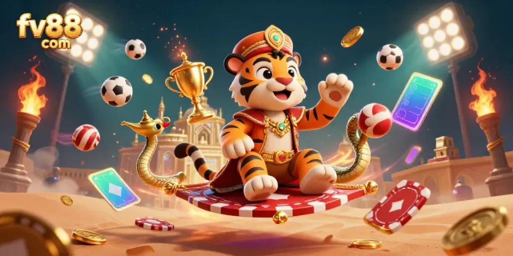 Engage in thrilling gambling adventures with fv88 com in a vibrant 3D illustrated casino dynamic scene.