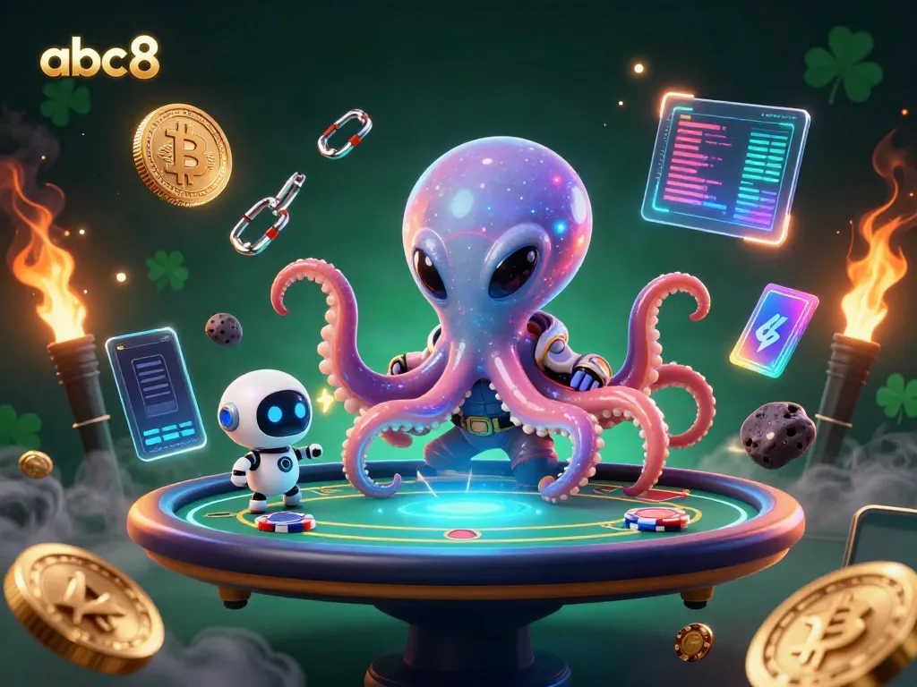 Experience thrilling gaming at abc8 with a vibrant illustration featuring a playful alien octopus and a robot.