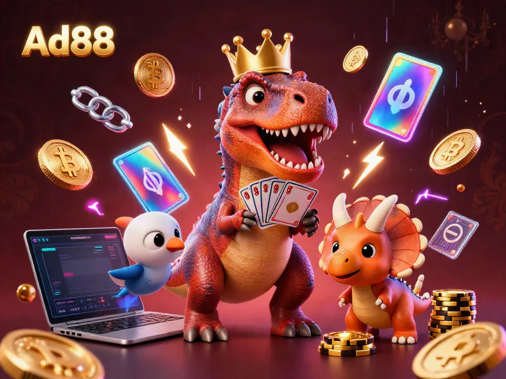 Experience thrilling gaming with Ad88 as cartoon dinosaurs shuffle cards and stack chips in a vibrant casino.