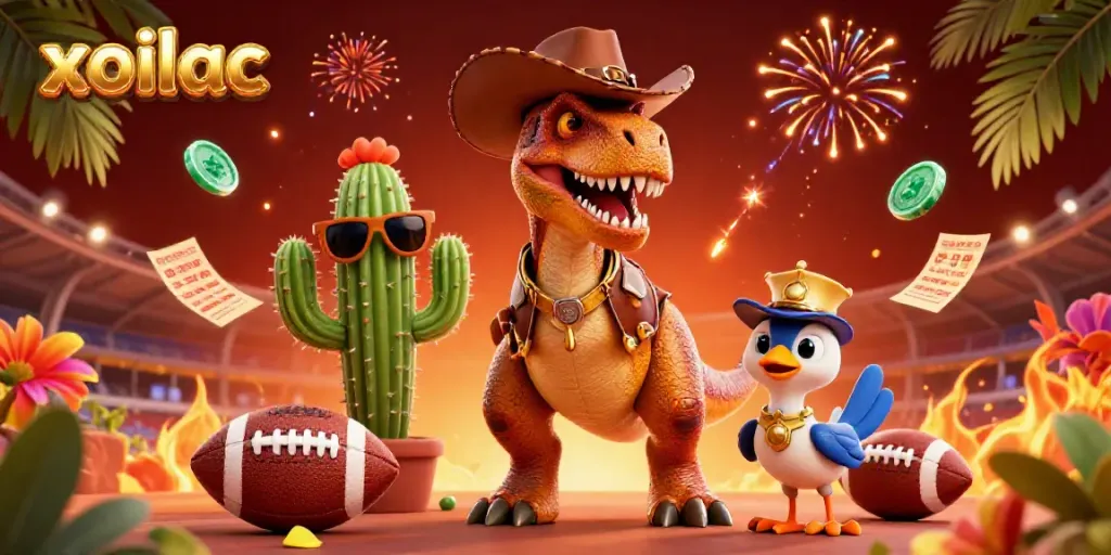 Experience thrilling sports betting with xoilac's vibrant 3D characters and festive atmosphere amidst footballs and betting slips.