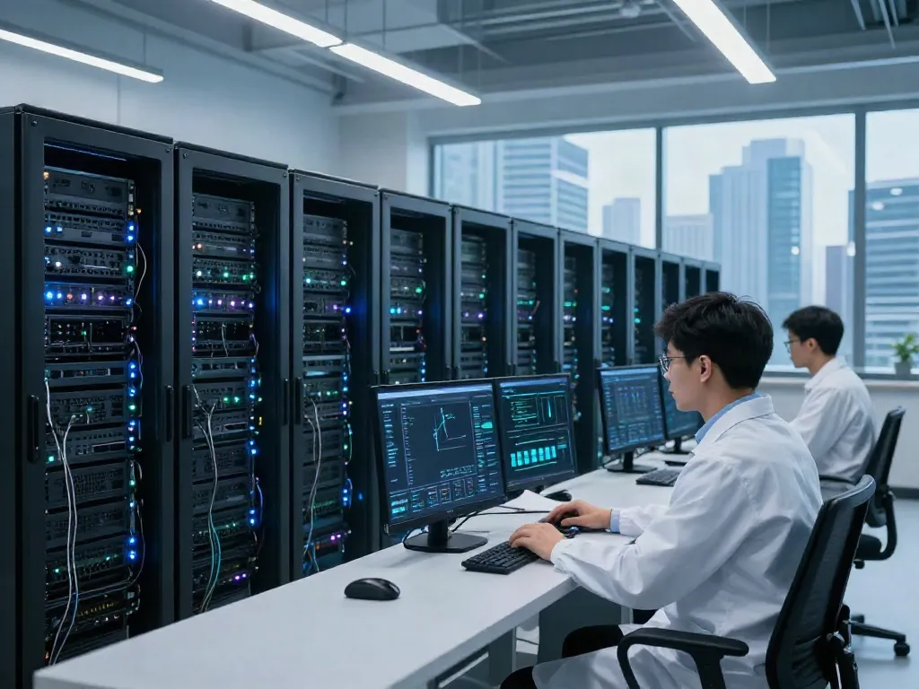 Advanced AI data center with engineers monitoring server performance and power usage in a high-tech environment.