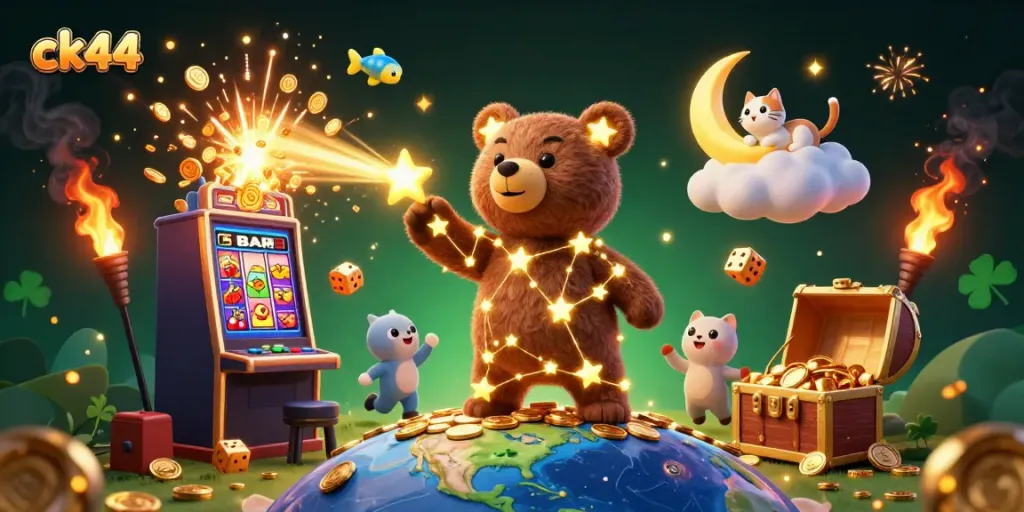 Watch ck44 players win with a constellation bear and jackpot in a vibrant casino scene.