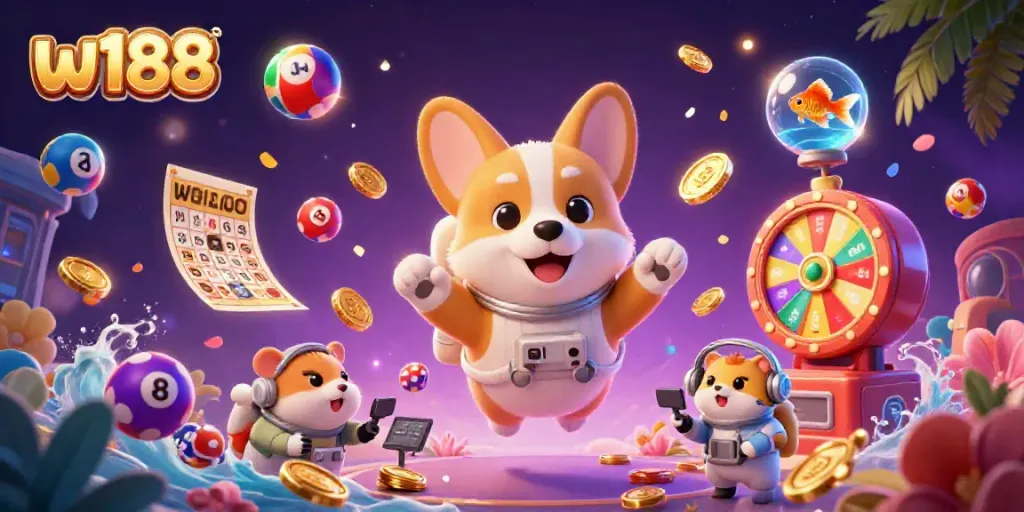 Experience exciting gambling with w188 in a vibrant 3D casino scene filled with colorful lottery elements.