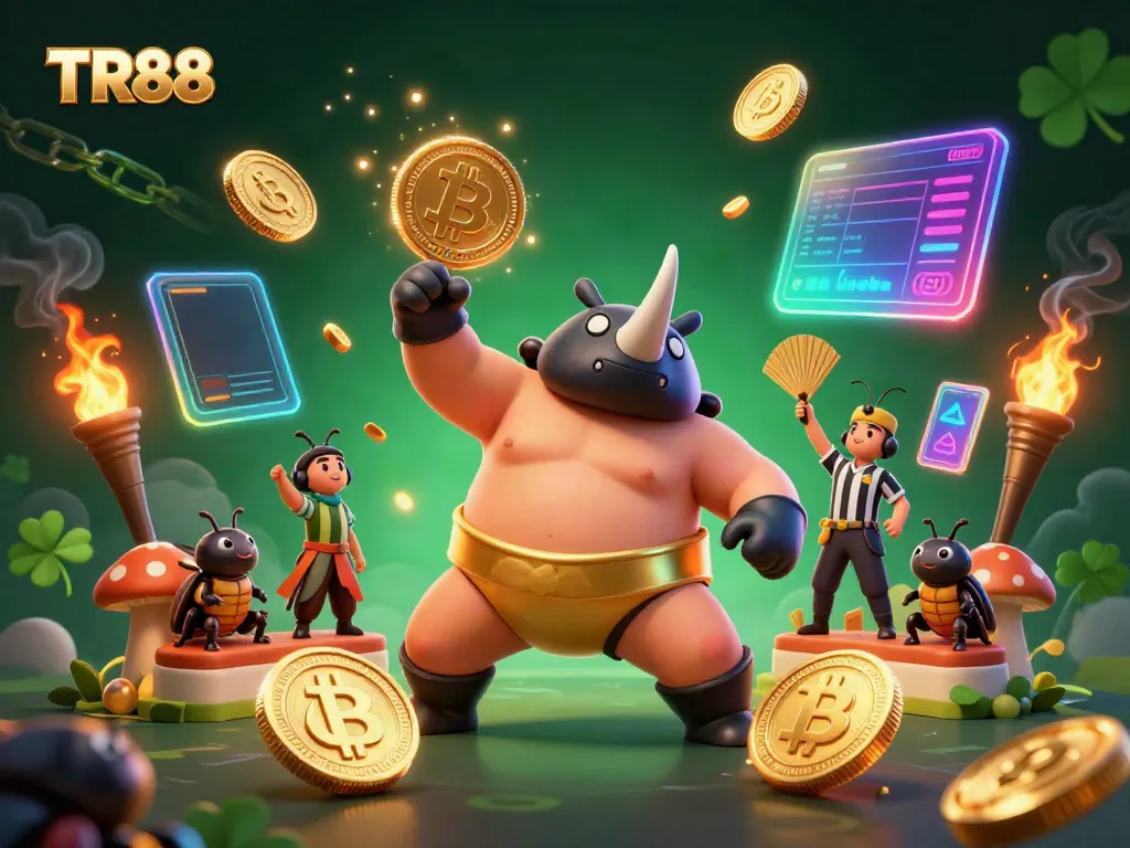 Experience the excitement of TR88 with a dynamic 3D beetle sumo champion amidst flying coins, showcasing a vibrant casino atmosphere.