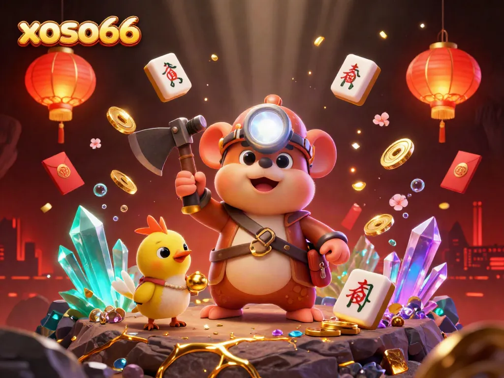 Engage with xoso66 in a vibrant casino-themed illustration featuring treasure hunting characters in a rich, gem-filled cave.