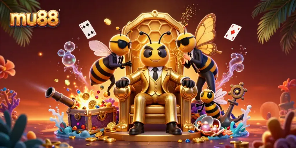 Engage in casino excitement with mu88 as the bumblebee mob boss oversees a treasure-filled gaming scene.