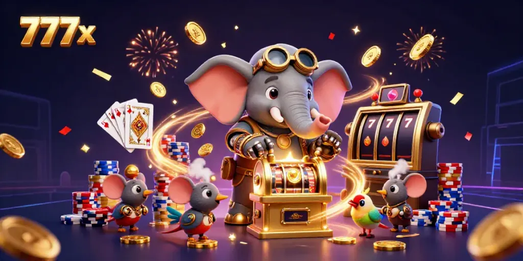 Experience the excitement of 777x with a steampunk elephant operating a golden slot machine, surrounded by dazzling casino elements.