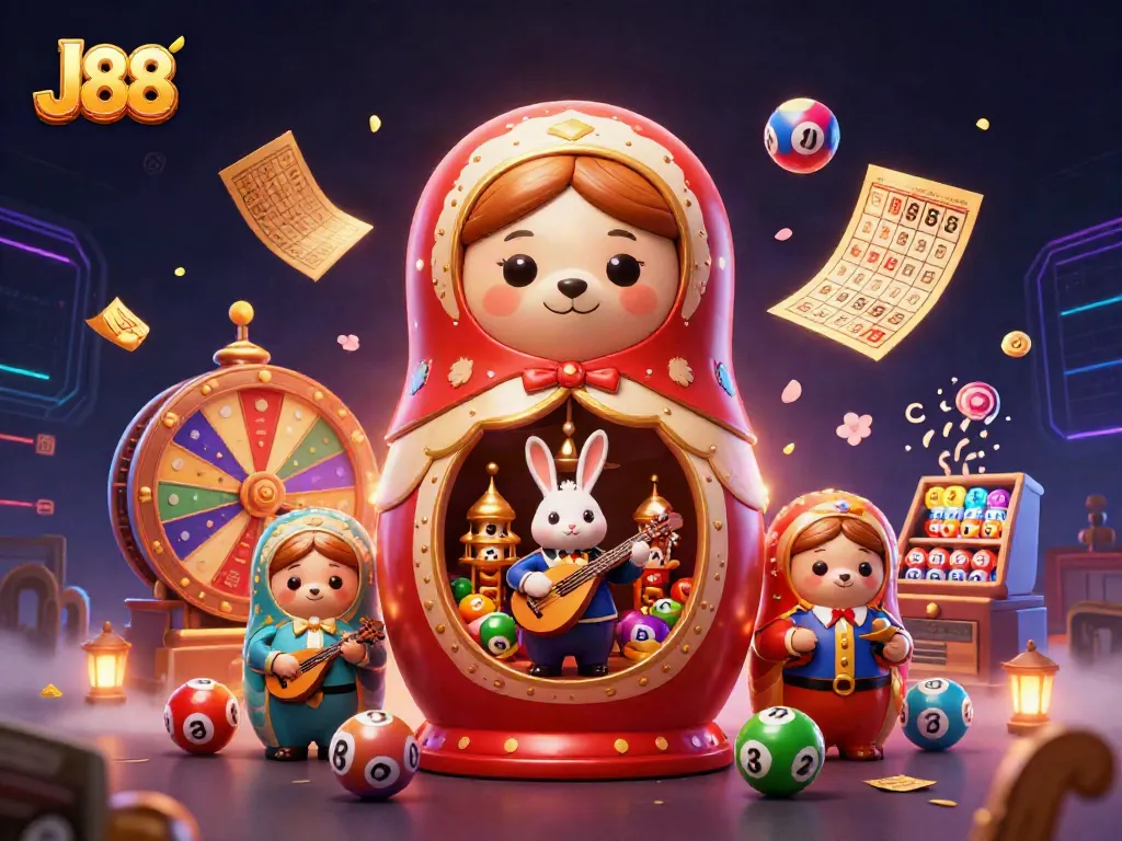 Engage with J88 casino fun featuring unique Matryoshka bear characters and vibrant gaming elements.