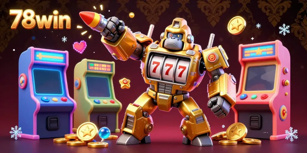 Engage with 78win in a vibrant 3D casino scene featuring a golden gorilla mech and arcade elements.