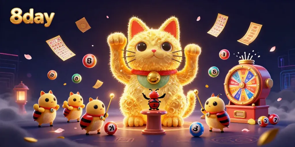Win big with the energetic 8day lucky cat illuminated amidst colorful casino elements.