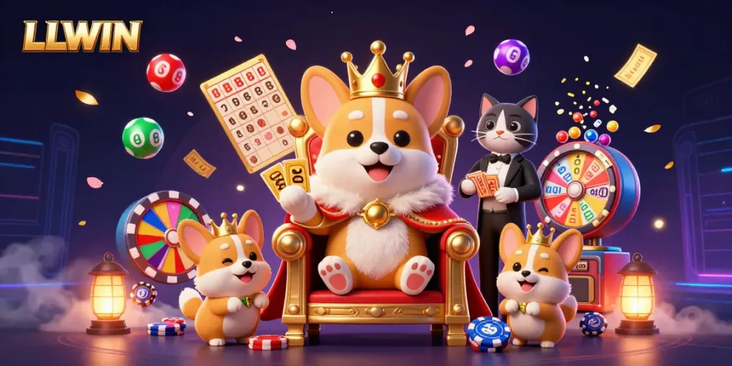 Experience the excitement at LLWIN with vibrant lottery balls and charming casino characters in a lively 3D scene.