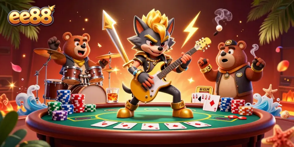 Experience thrilling moments at ee88 casino with a dynamic 3D rock star wolf and drummer bear surrounded by colorful poker elements.