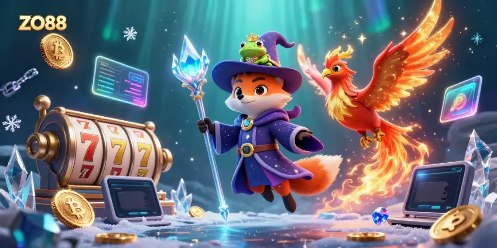 Engage with ZO88 in a vibrant casino scene featuring a wizard fox and phoenix with glittering slot elements.