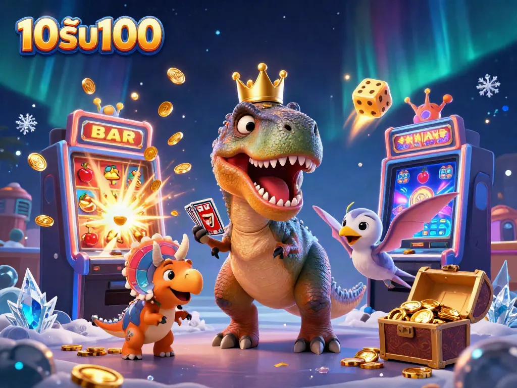 ภาพการ์ตูน 3D ที่แสดงถึง 10รับ100 โดยมี T-Rex จัดการไพ่ ขณะมีนกเพนกวินช่วยและไทรเซอราทอปส์เรียงชิปทอง