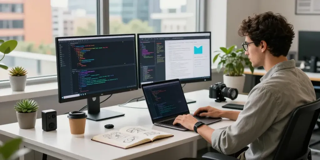 Software developer coding in a modern workspace showcasing source technology innovations in 2026.