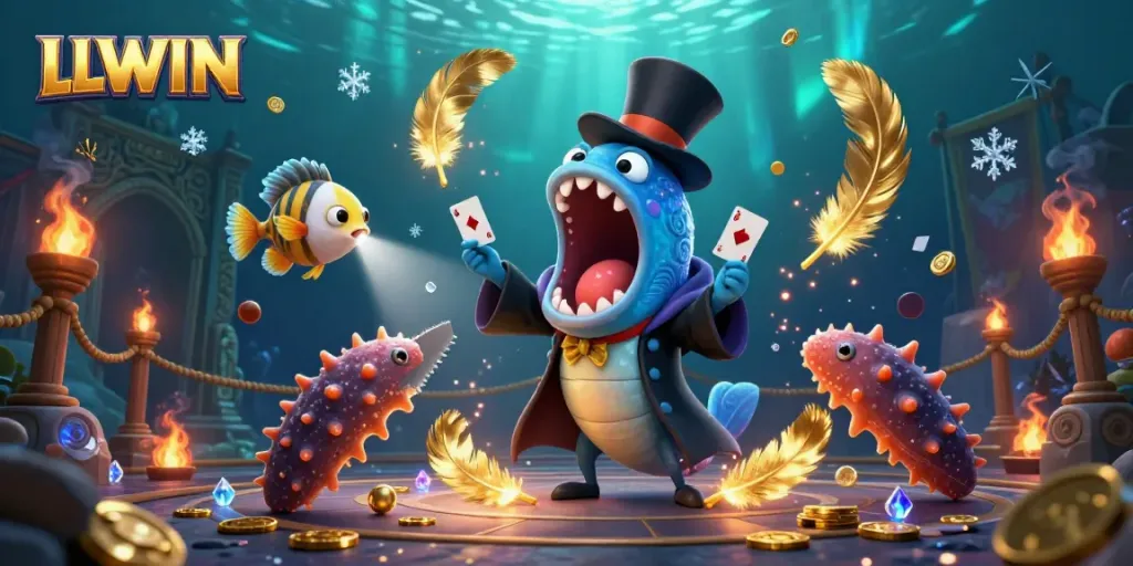 LLWIN showcases vibrant characters in a dynamic underwater casino scene featuring thrilling gambling elements.