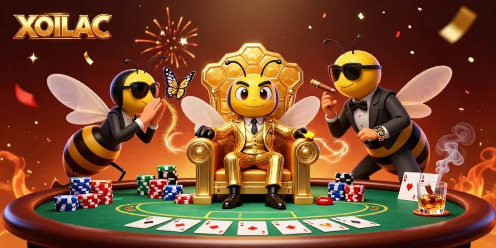 Engage with XOILAC's vibrant 3D cartoon scene showcasing a bumblebee mob boss surrounded by poker elements and lively atmosphere.