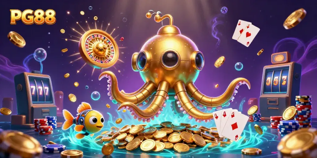 Experience PG88's underwater adventure with a golden kraken and treasure in this vibrant casino illustration.
