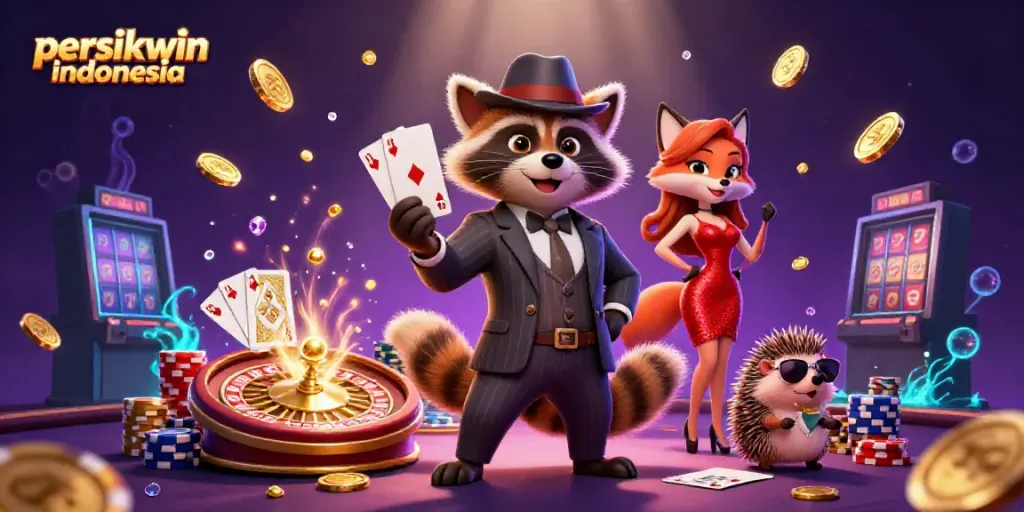 Menggembira dengan persikwin indonesia, karakter kasino 3D kartun menarik dengan koin emas dan kartu royal flush.