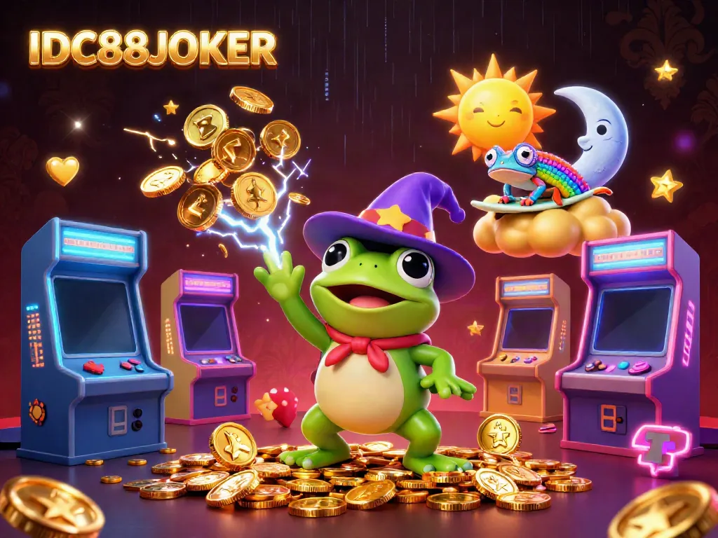 Experience riches with IDC88JOKER as the weather wizard frog conjures golden coins amidst a vibrant, dynamic storm.