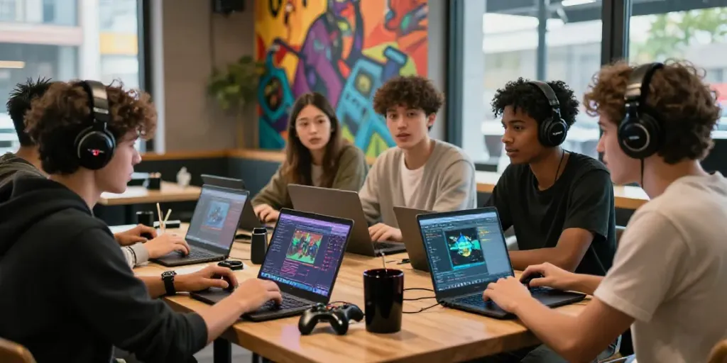 Situs Super33 gaming enthusiasts discussing online strategies in a vibrant café.