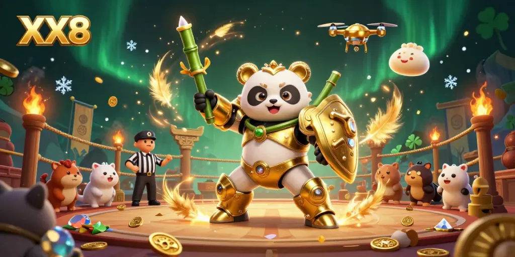 Experience thrilling gameplay with XX8's vibrant 3D casino illustration featuring a mech-suit panda and bamboo robot.