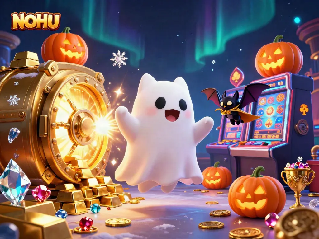 Experience the thrill at NOHU with ghost cat and bat in a vibrant casino scene full of treasures.