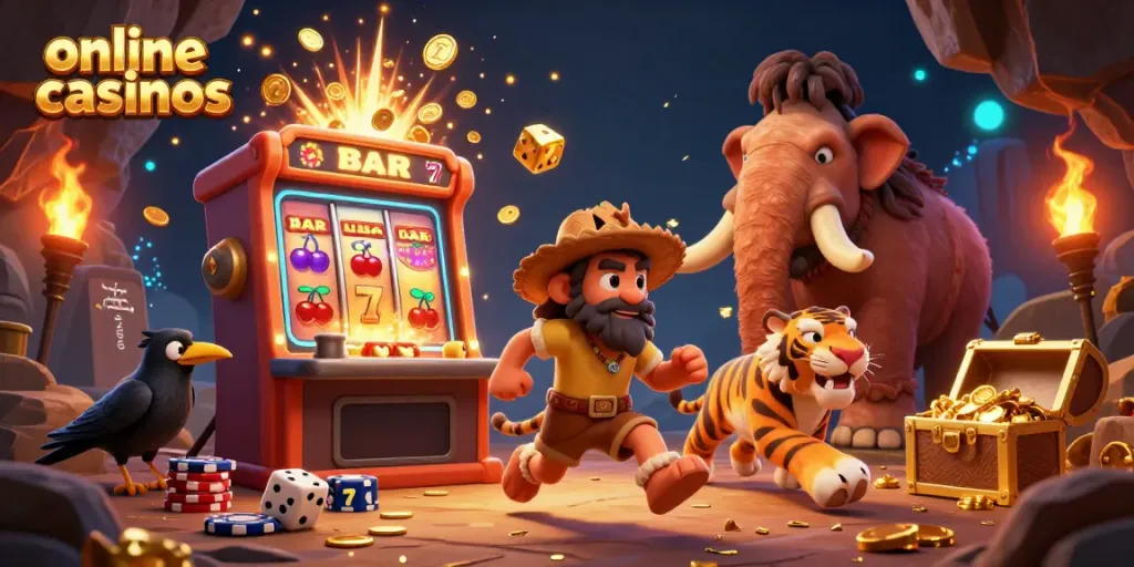 Experience online casinos with a colorful 3D illustration of a caveman, sabertooth tiger, and crow in a lively prehistoric casino.