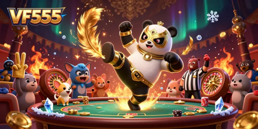 Experience high-energy gambling with VF555 as a panda wrestler engages in a thrilling casino atmosphere.
