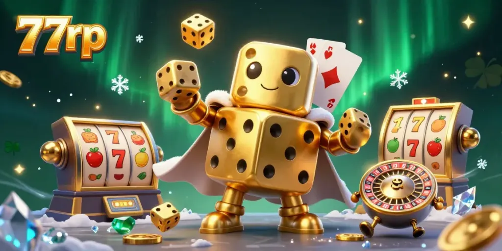 Experience the thrill of 77rp gaming with vibrant dice and jackpot elements in a rich 3D scene.