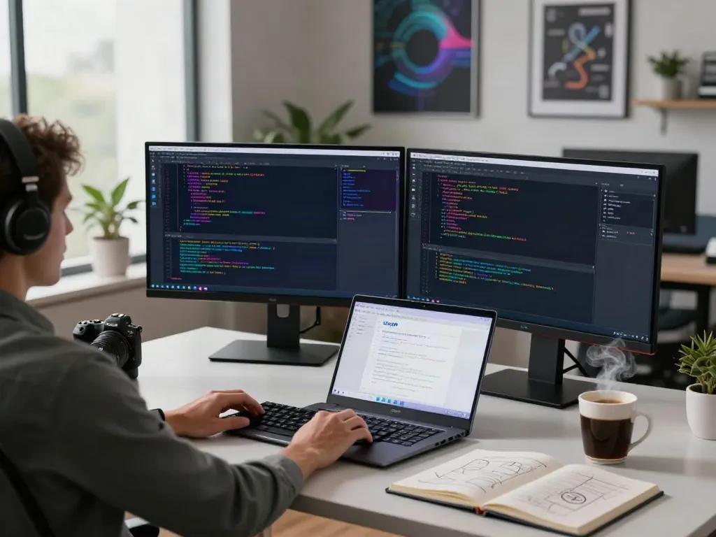 Developer coding with v2rayN application in a modern tech workspace.