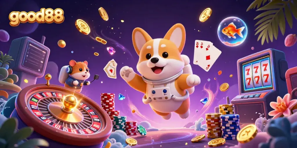 good88 casino scene with a corgi astronaut, floating coins, roulette wheel, and vibrant colors