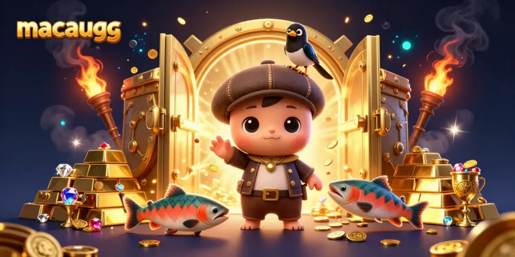 macaugg brings excitement as a cute 3D cartoon Nessie surrounded by treasures and gems