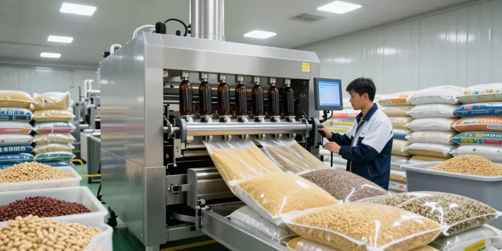 Open mouth bag filling machine efficiently packaging grains in a modern industrial facility.