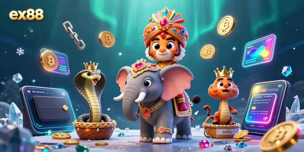 Experience the excitement of ex88 with a majestic tiger, jewel-encrusted elephant, and neon crypto elements.
