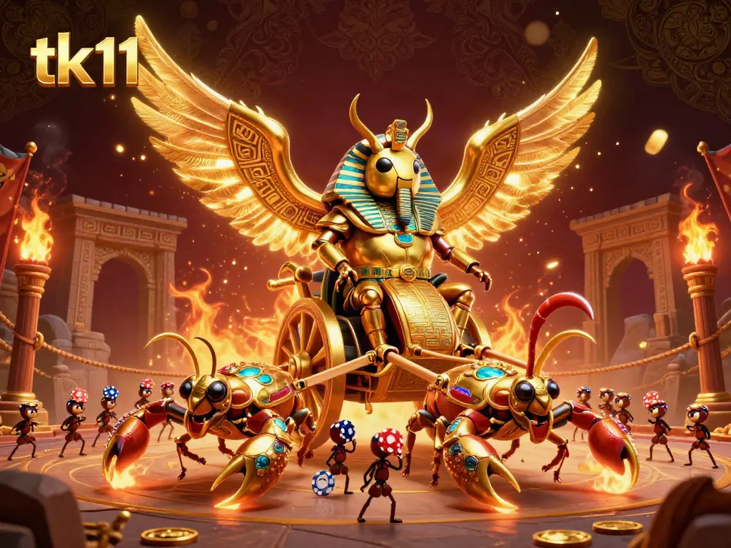 Engage in thrilling gameplay with tk11, featuring a vibrant scarab beetle and ornate casino elements.