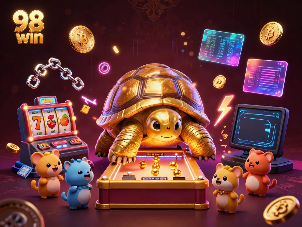 Engage with 98 win and enjoy exciting wins with the vibrant golden tortoise in this dynamic casino scene.