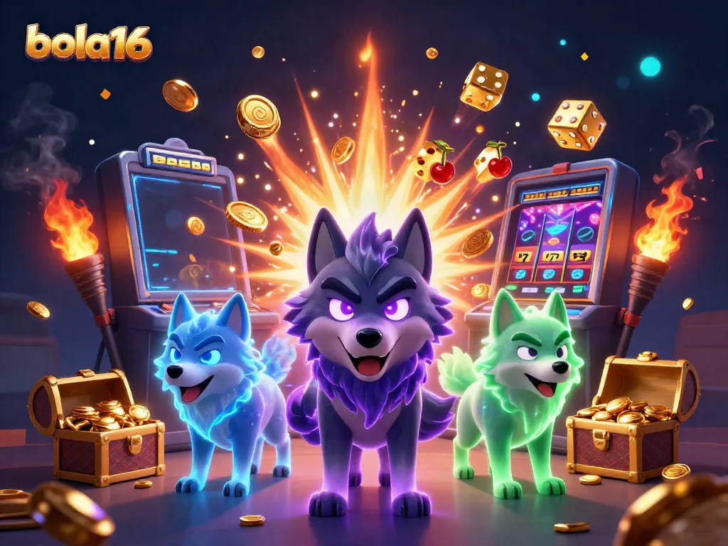 Bola16 showcases dynamic casino action with ghostly wolves and jackpot excitement in a vibrant illustration.