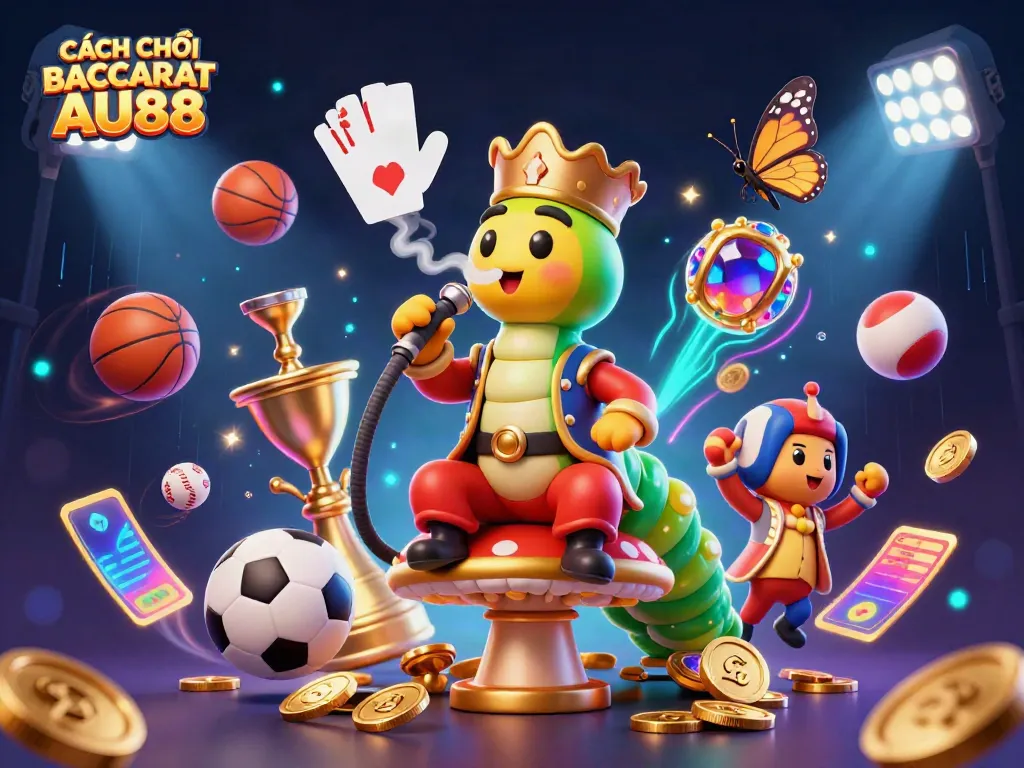 Experience CÁCH CHƠI BACCARAT AU88 through a colorful 3D illustration of a hookah-master and dynamic casino elements.