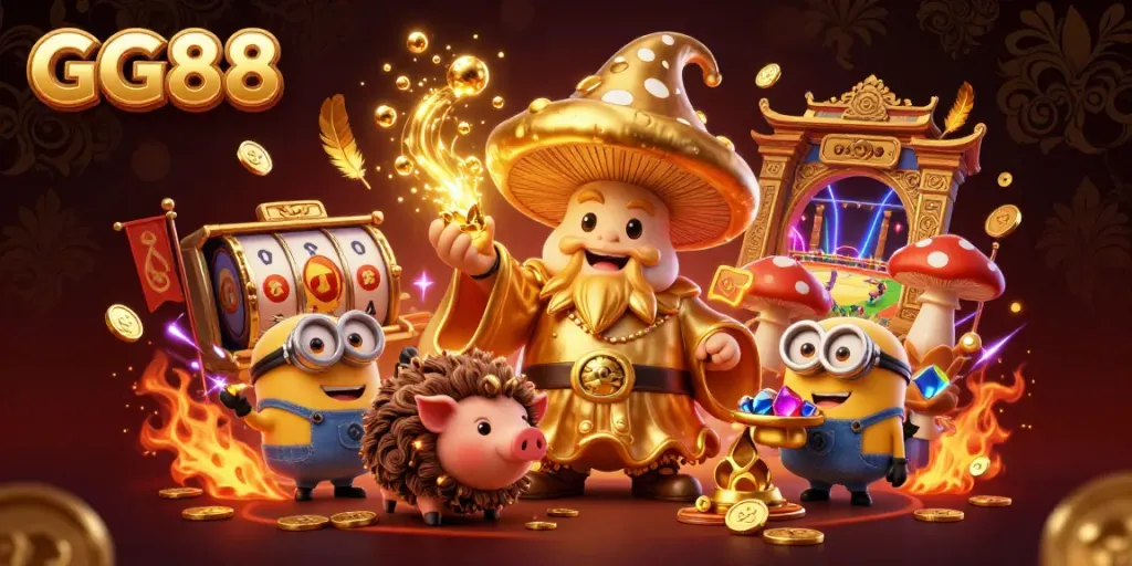 Experience the magic of GG88 with a vibrant 3D casino scene featuring a golden wizard, treasure, and gaming elements.
