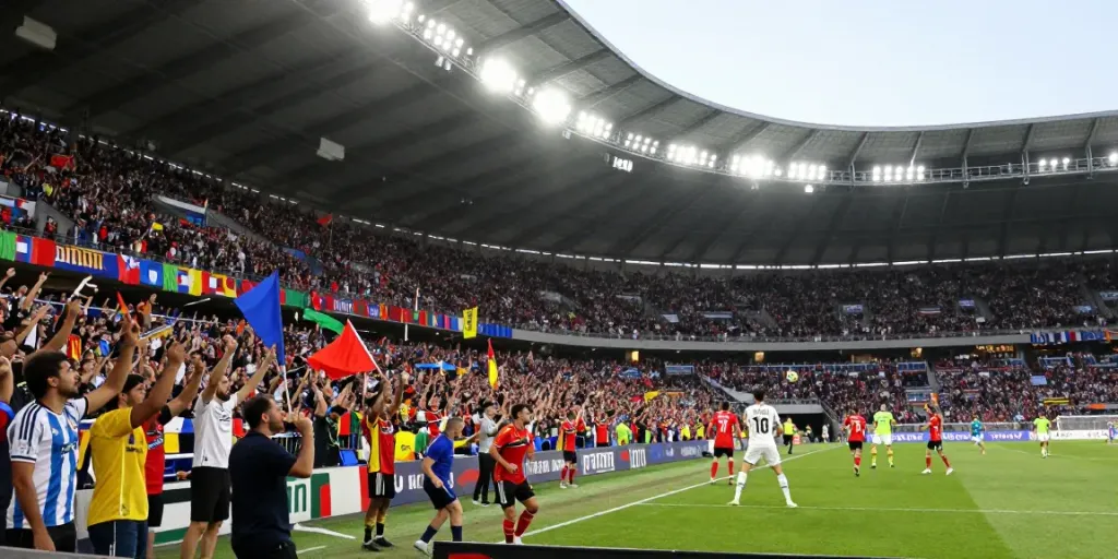 Exciting football match scene with fans cheering and players in action, highlighting ข่าวฟุตบอลไทย.