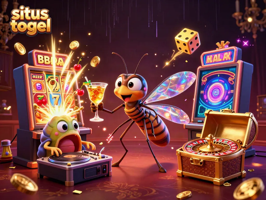 Experience situs togel excitement with dynamic casino elements and lively 3D characters in vibrant illustration.