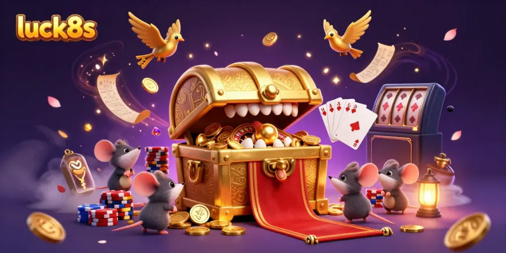 Engage in thrilling gameplay at luck8s, featuring a treasure chest and dazzling casino elements.