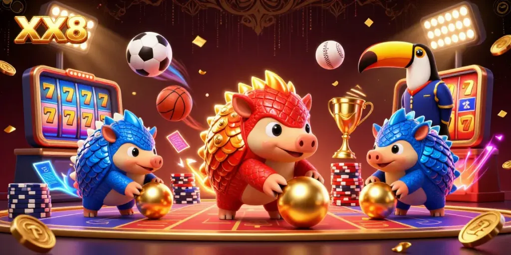 XX8 pangolins in a thrilling casino scene with poker chips and jackpot elements.