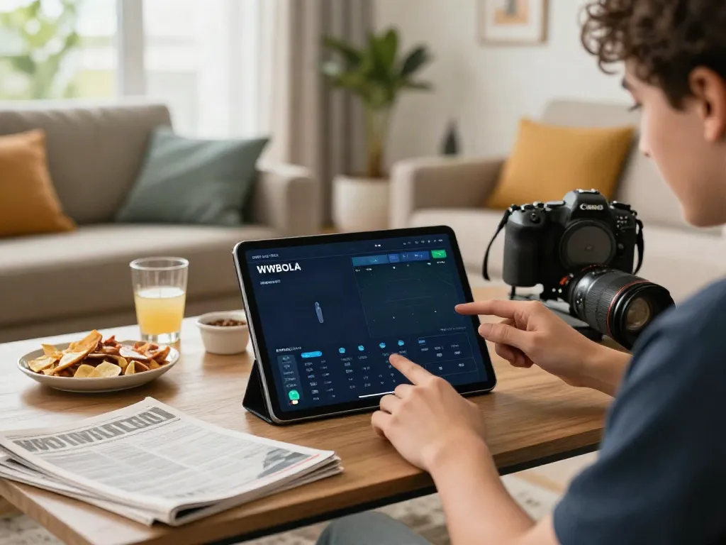 WWBOLA sports betting platform interface displayed on tablet in a lively living room.