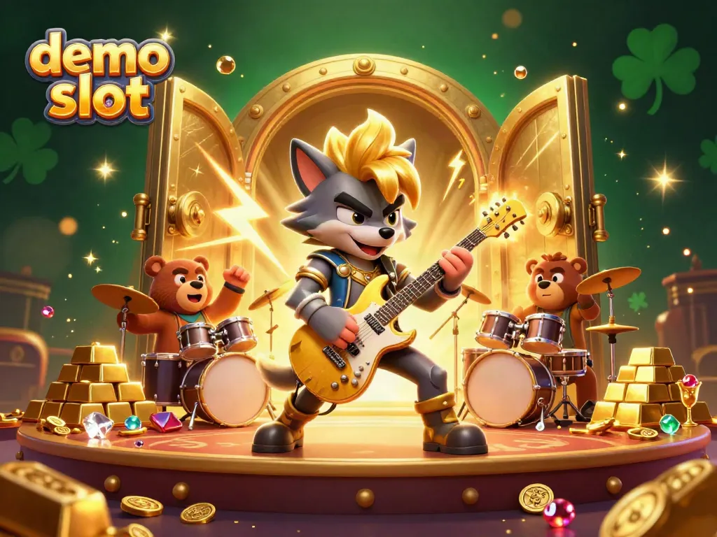 Experience the exhilaration of a demo slot featuring a rock star wolf in an electrifying casino scene.